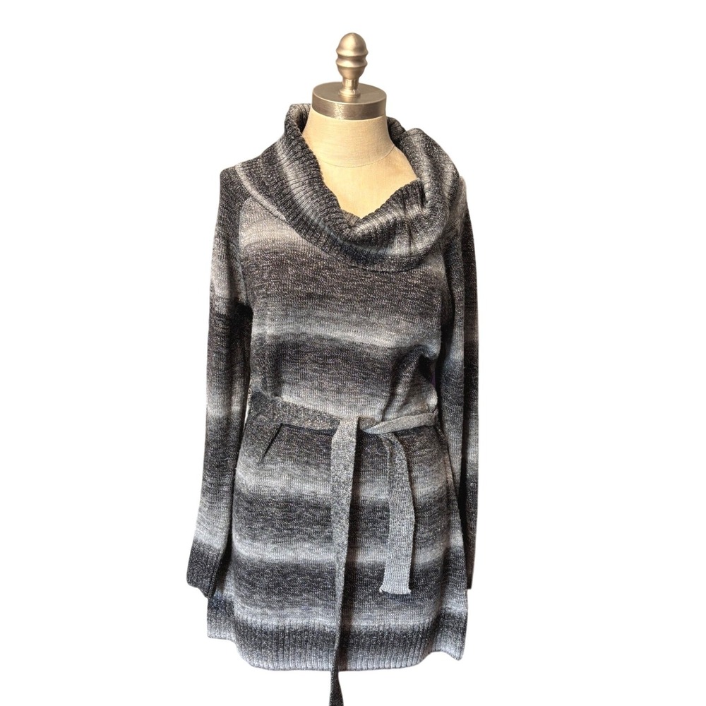 AGB Womens Cowl Neck Ombre Striped Metallic Knit Sweater Dress Grey Black Large